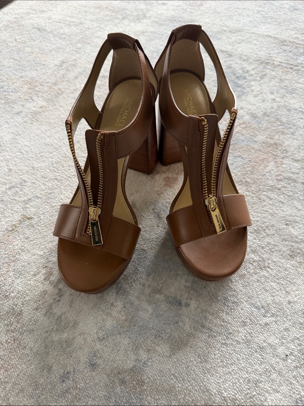 Michael Kors Tan Brown Leather Zip Block-Heel Sandals